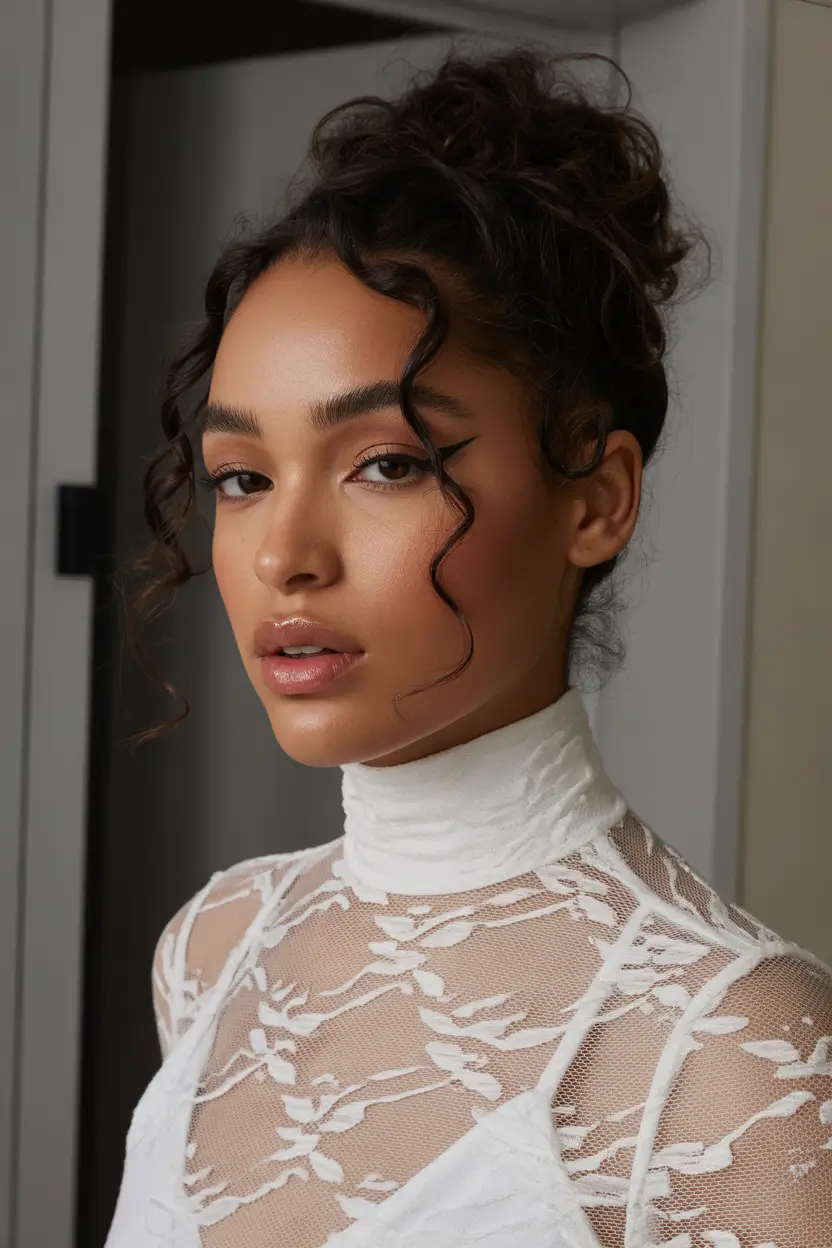 spring hairstyle black women 2026 Soft Textured Updo with Loose Tendrils