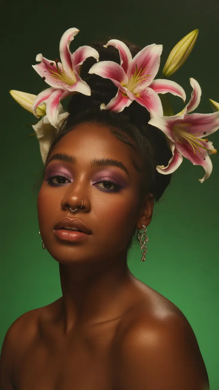 spring hairstyle black women 2026 High Bun with Statement Lily Crown