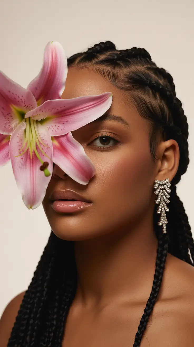 spring hairstyle black women 2026 Feed In Braids with Bold Floral Accent