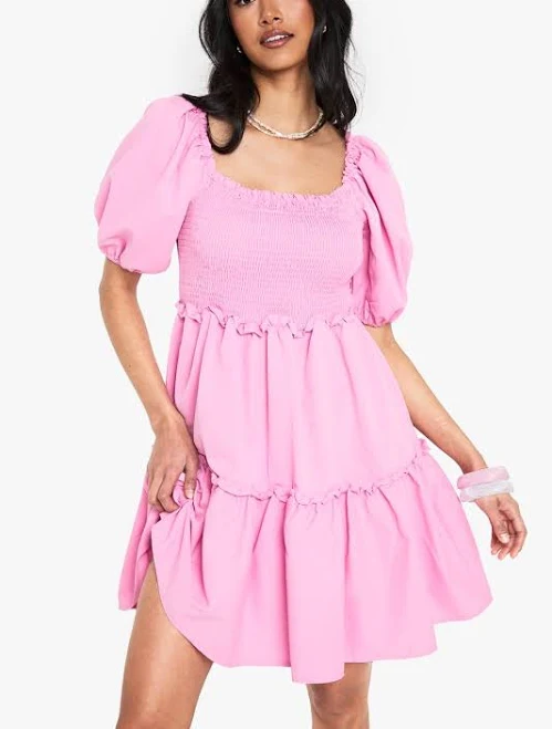 dress Boohoo Women's Puff Sleeve Shirred Tiered Smock Dress boohoo USA $22.4