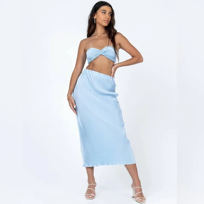 two piece set Princess Polly Dresses | Princess Polly Pleated Satin Crop Top Midi Skirt Outfit Set Nwot | Color: Blue | Size: 10 | Pm-25513272's Closet Poshmark $65