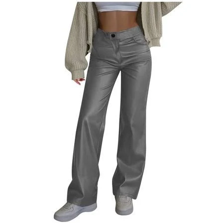 pants Women's High-Waisted Straight Leg Pleather Pants with Pockets Walmart - JGGSPWM $17.19