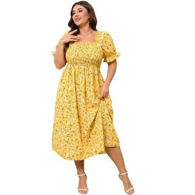dress Women's Plus Size Square Neck Smocked Puff Sleeve Floral Midi Dress Target $38.99
