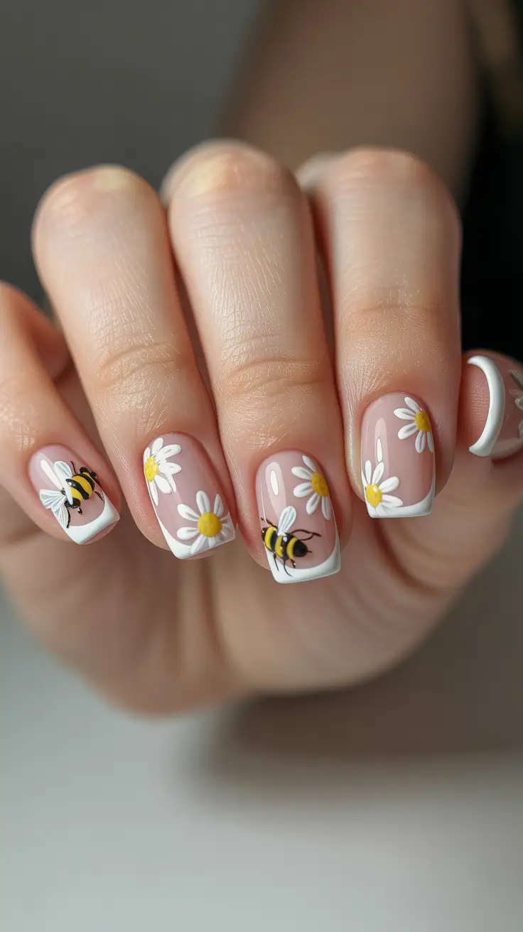 spring floral nails 2026 Daisy French Tips With Playful Bee Nail Art
