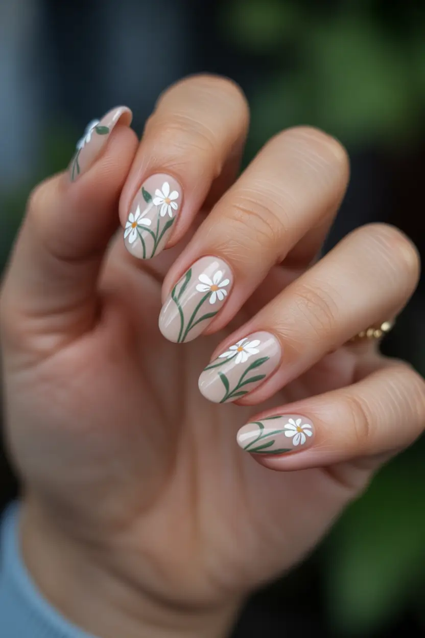 spring floral nails 2026 Minimal Daisy Field Nail Design