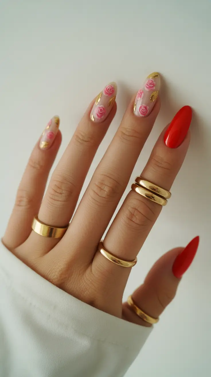 spring floral nails 2026 Romantic Rose Nails With Gold Details