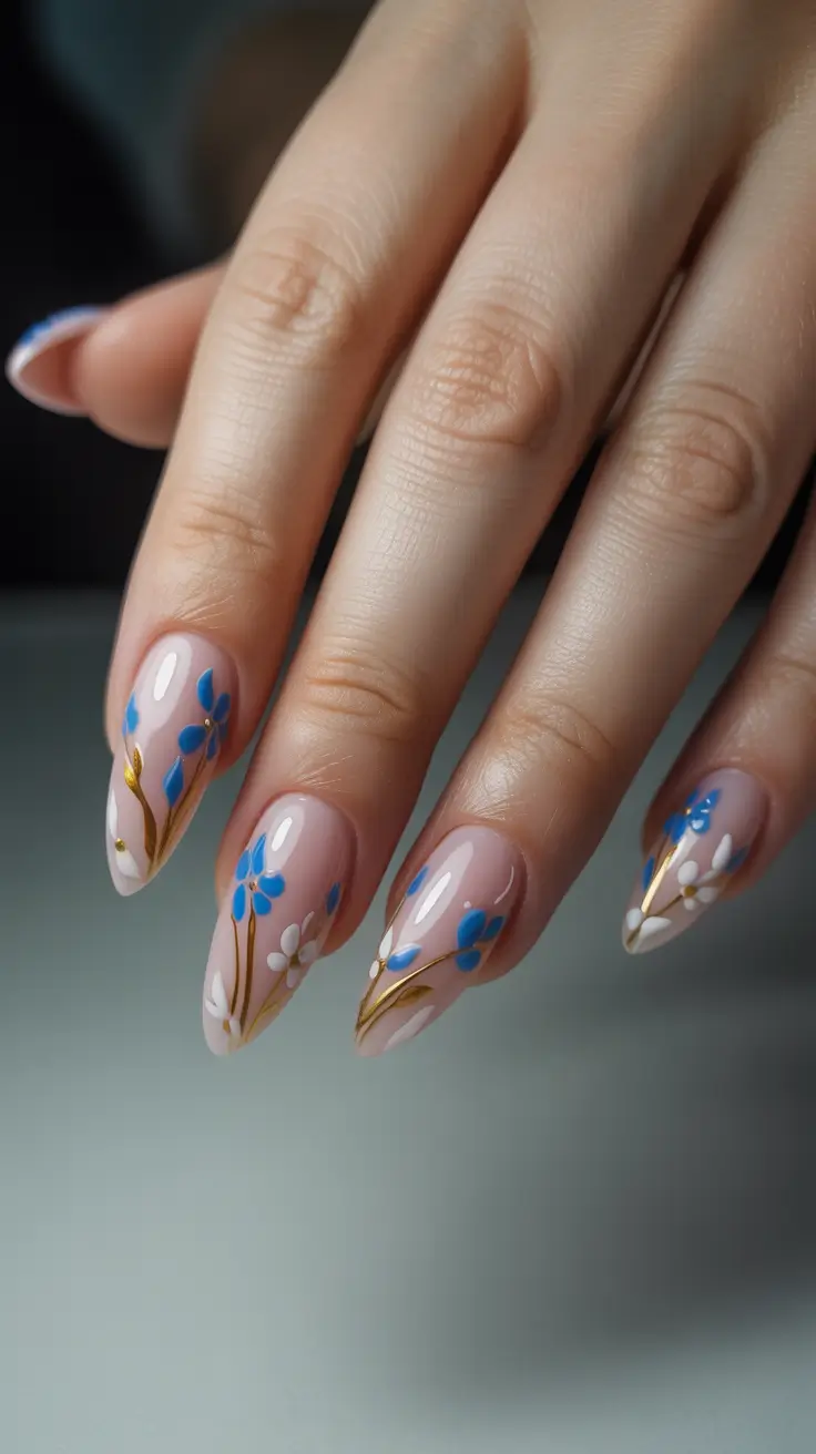 spring floral nails 2026 Blue Floral Almond Nails With Gold Stems