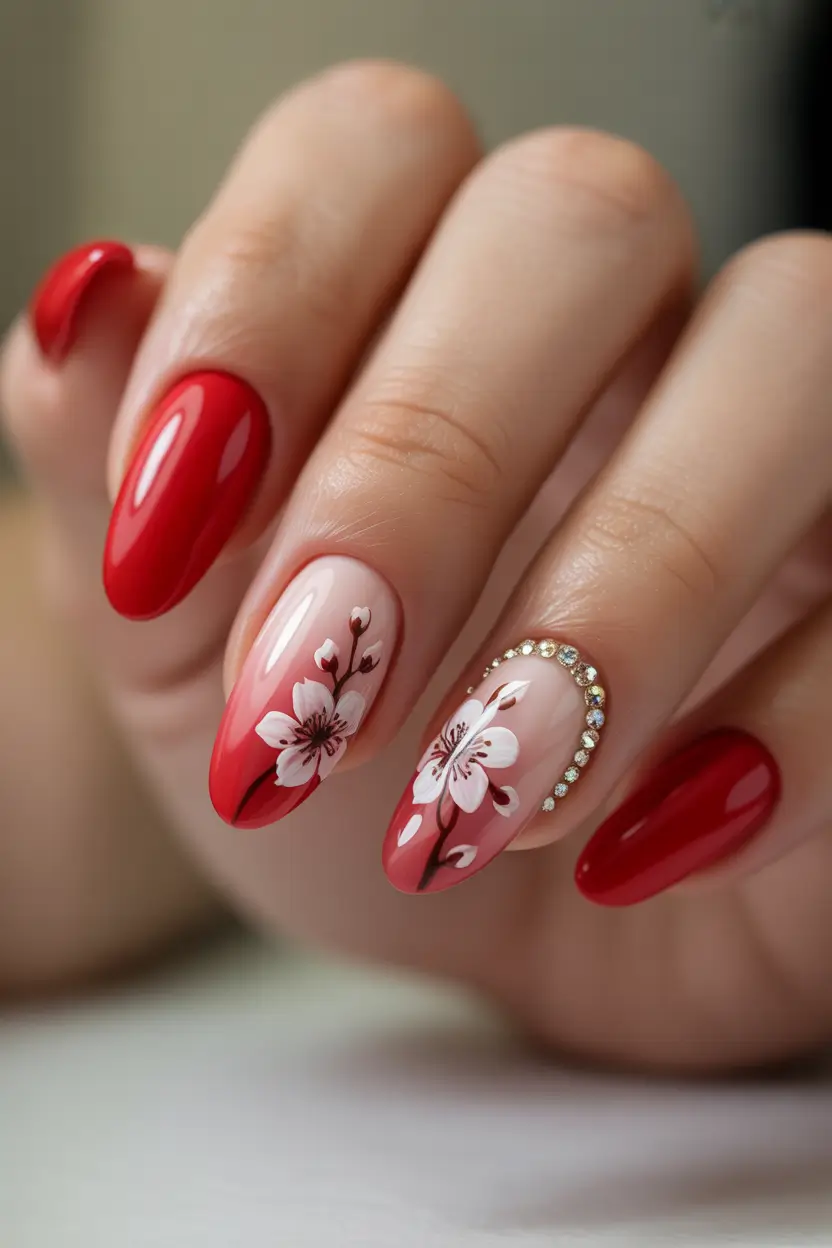 spring floral nails 2026 Bold Red Spring Flower Accent Nails