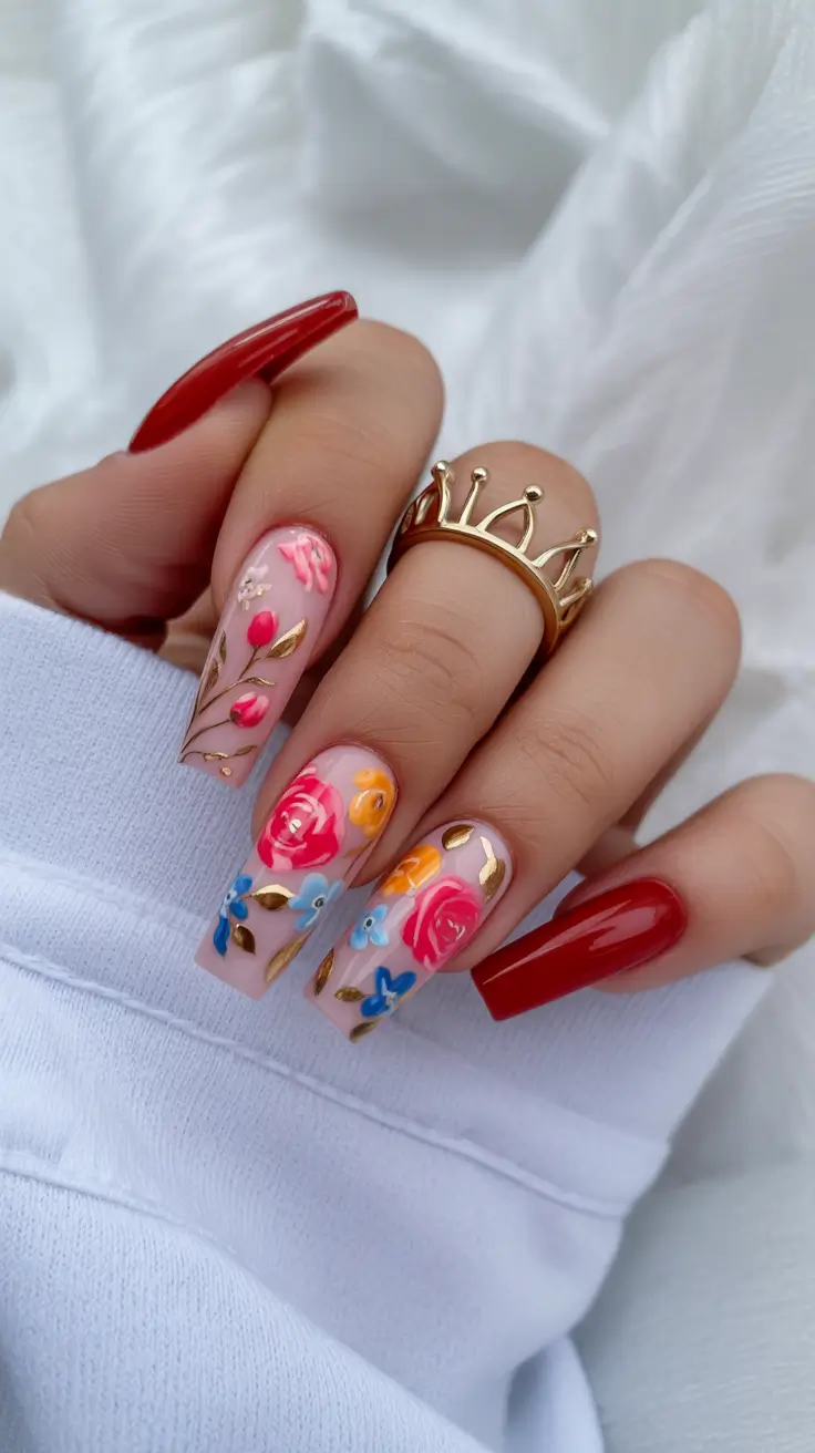Stylish Spring Floral Nails 2026 Romantic Garden Florals with Bold Red Accent Nails