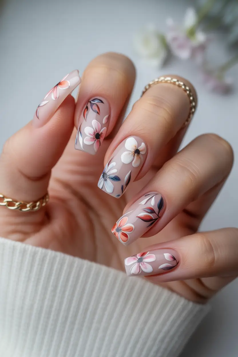 Stylish Spring Floral Nails 2026 Soft Almond Nails with Minimal Floral Art