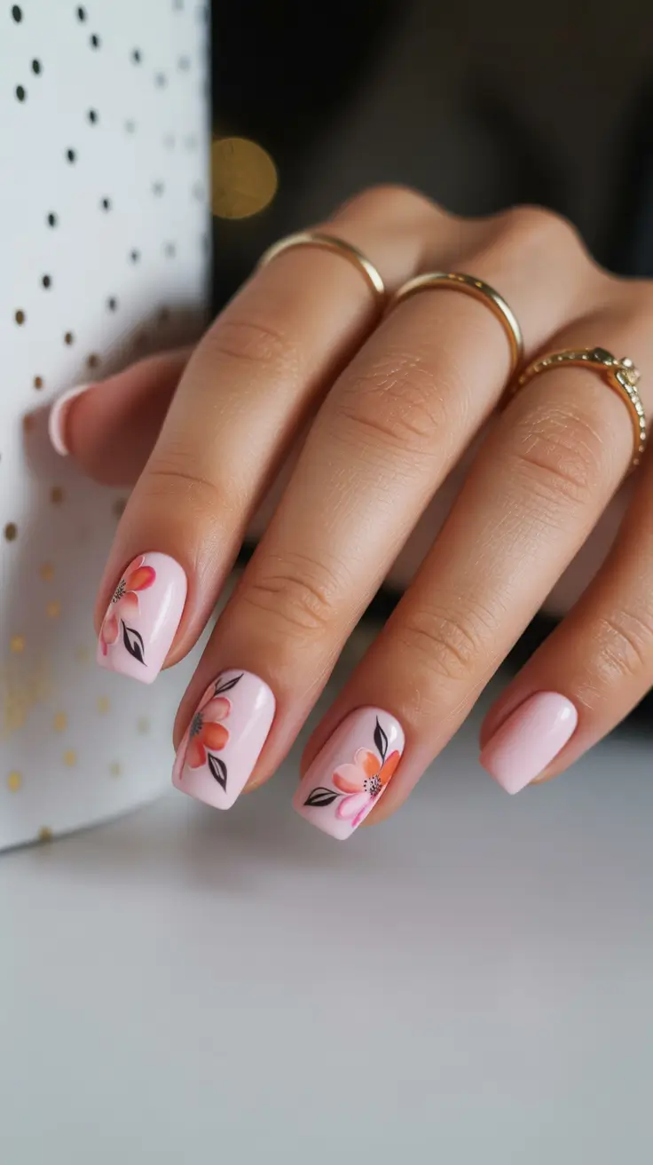 Stylish Spring Floral Nails 2026 Short Square Pink Nails with Simple Floral Details