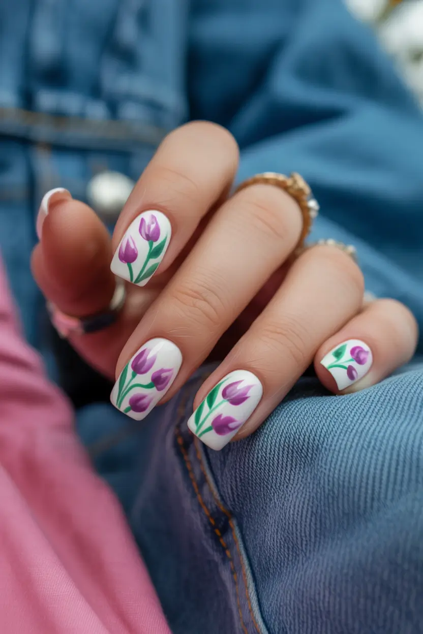 Stylish Spring Floral Nails 2026 Purple Tulip Nail Art on White Base
