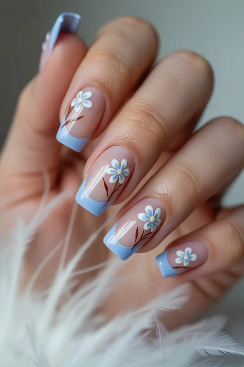 spring floral nails 2026 Soft Blue Floral French Tips