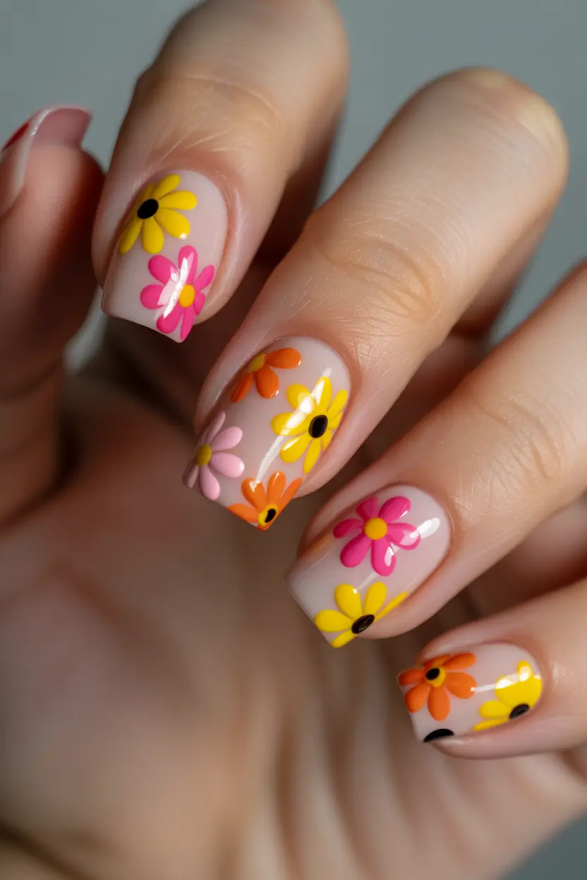 Stylish Spring Floral Nails 2026 Playful Retro Floral Nails in Bright Spring Colors