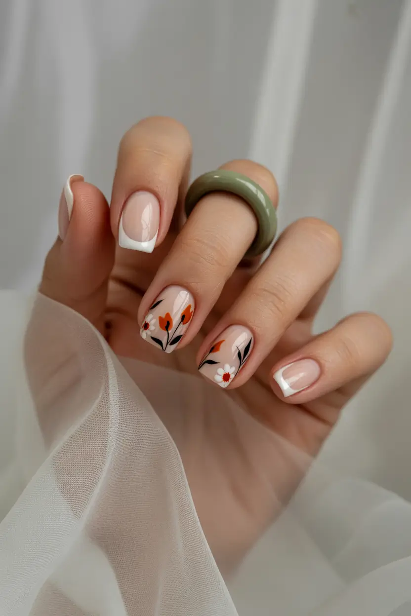 spring floral nails 2026 Modern Floral Accent French Tips