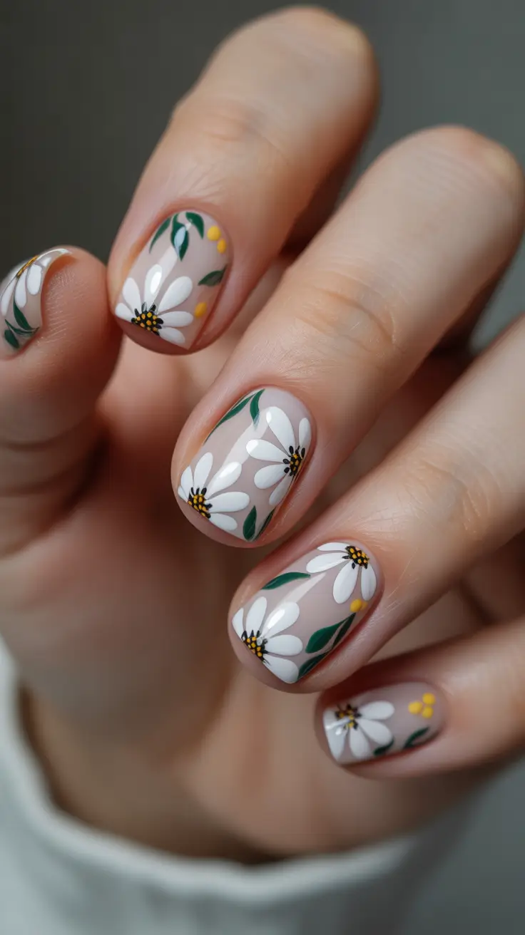 spring floral nails 2026 Classic Daisy Short Nails