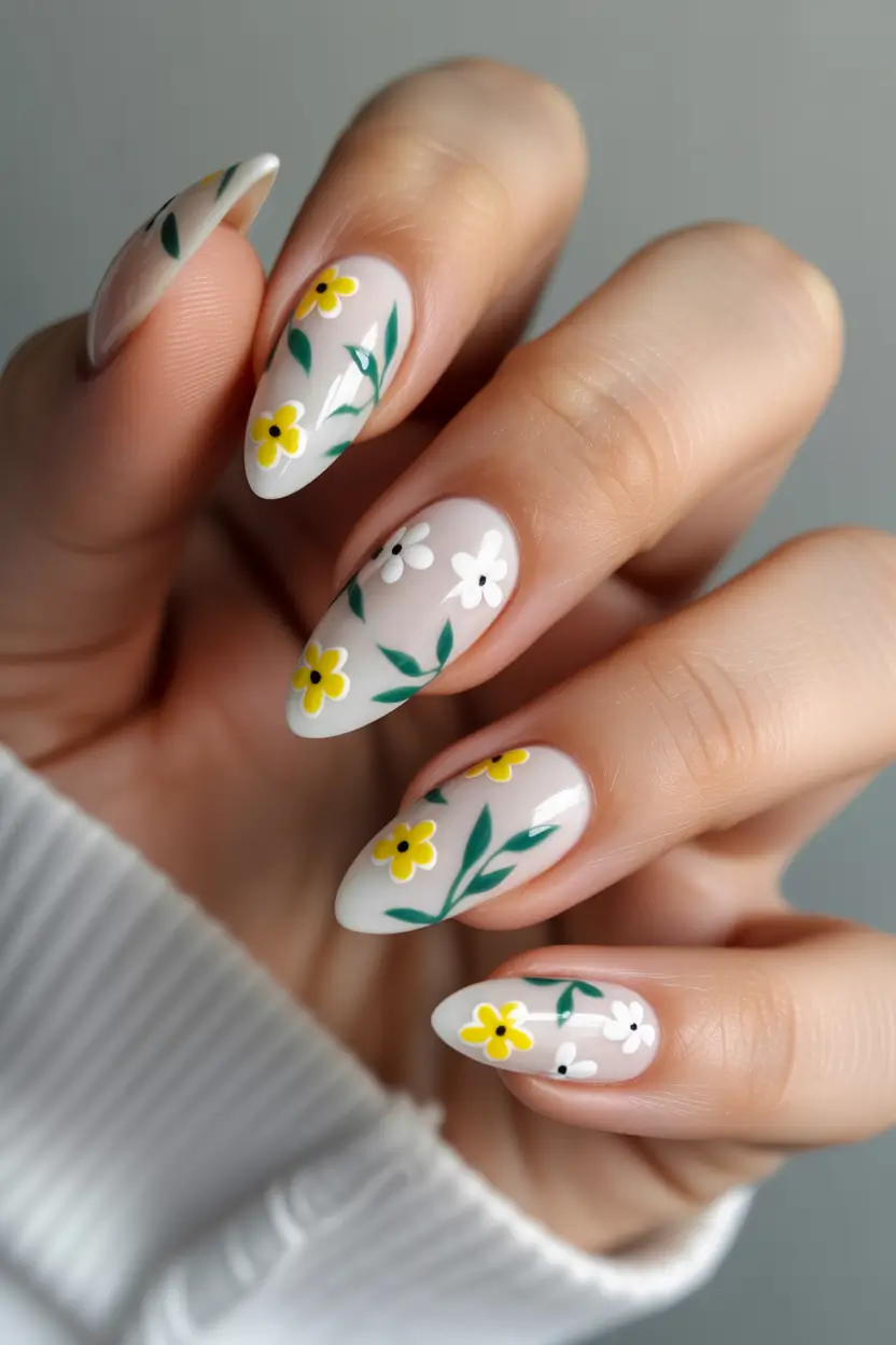 spring floral nails 2026 Soft Almond Spring Nails With Yellow Wildflowers