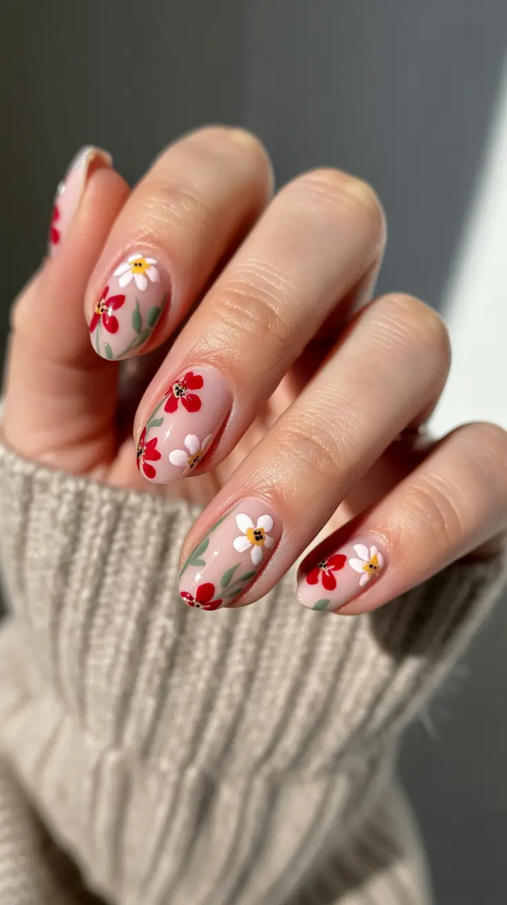 spring floral nails 2026 Soft Nude Nails With Red And White Spring Flowers