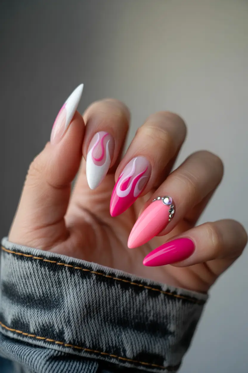 Stylish Spring Hot Pink Nails 2026 Hot Pink Flame Nails With Rhinestone Accent