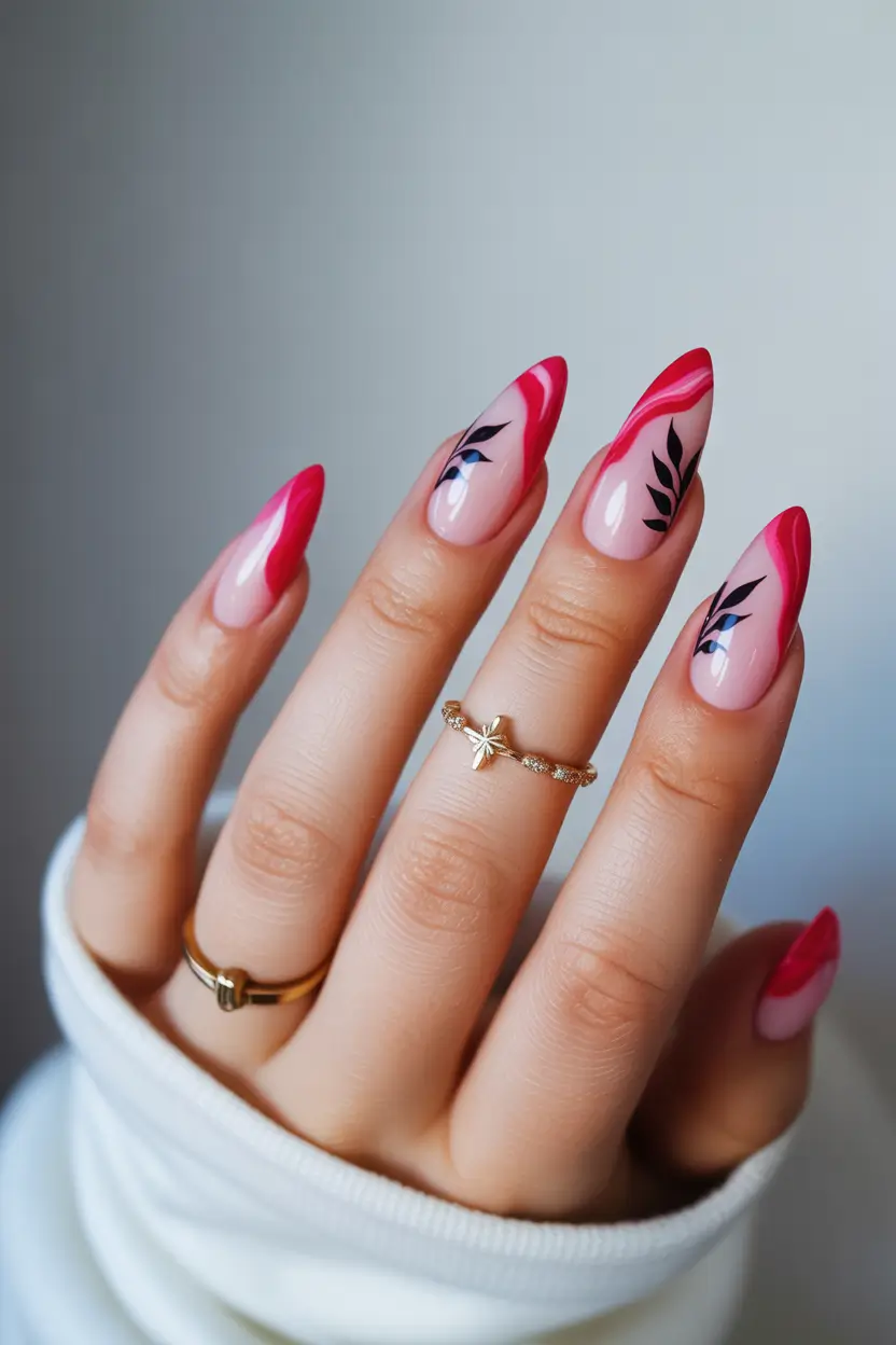 Stylish Spring Hot Pink Nails 2026 Hot Pink Almond Nails With Graphic Botanical Accents