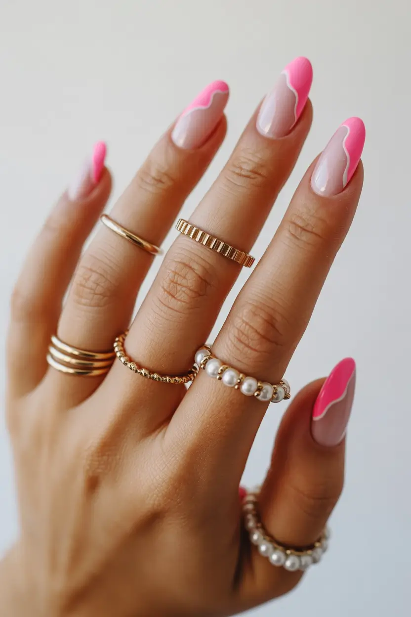 Stylish Spring Hot Pink Nails 2026 Hot Pink Almond Nails With Soft Side French Waves