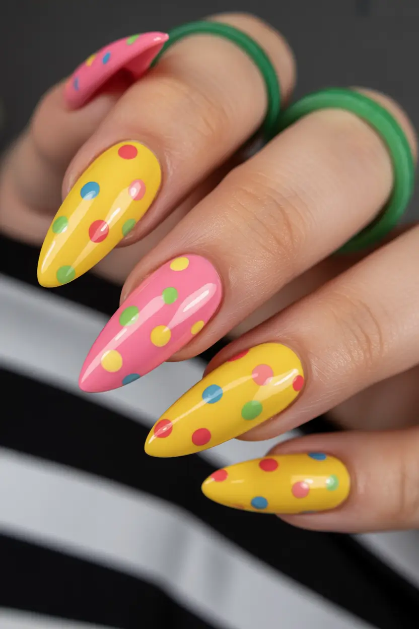 spring hot pink nails 2026 playful polka dot almond design