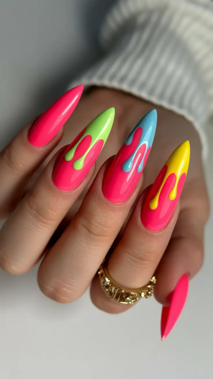 spring hot pink nails 2026 neon drip almond design