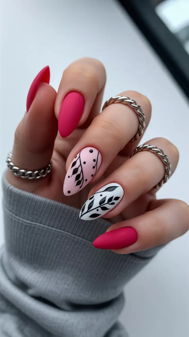 spring hot pink nails 2026 matte botanical almond design