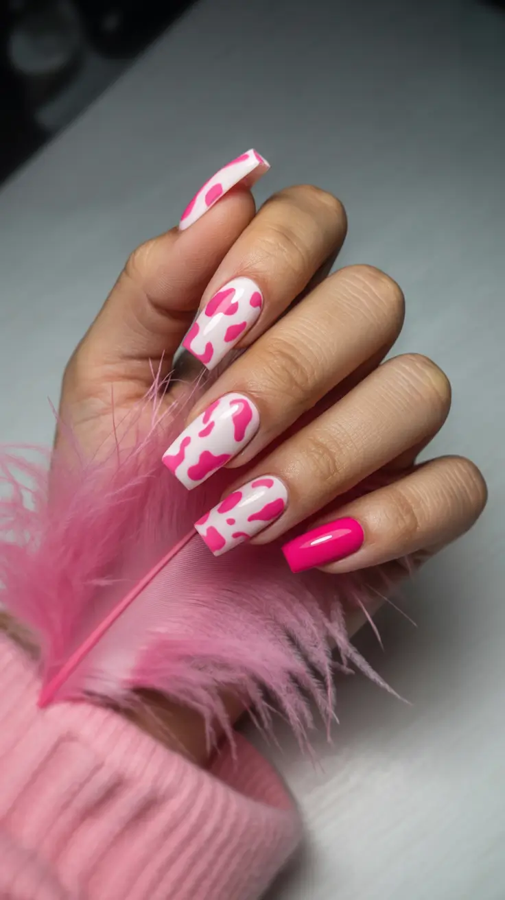 spring hot pink nails 2026 short acrylic pink cow print design