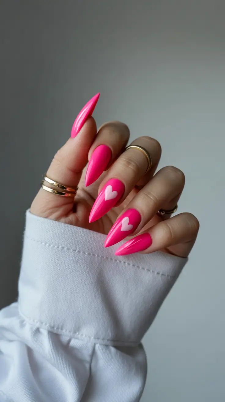 Stylish Spring Hot Pink Nails 2026 Glossy Stiletto Hot Pink Nails With Minimal Heart Art