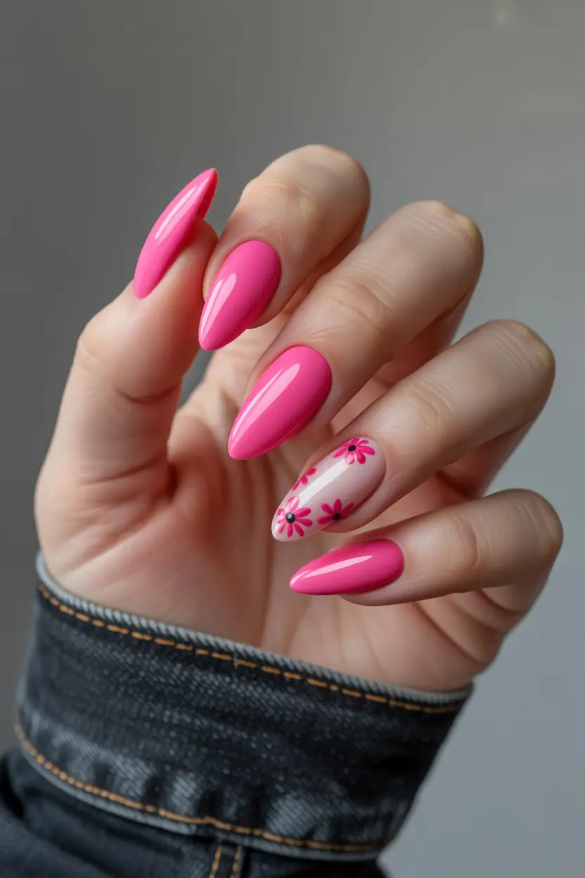 Stylish Spring Hot Pink Nails 2026 Soft Almond Hot Pink Nails With Delicate Pink Floral Accent