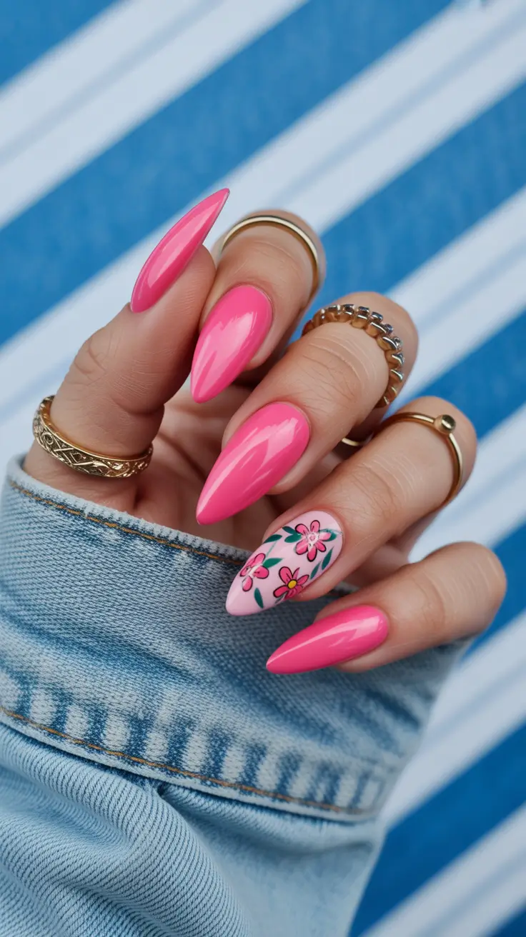 Stylish Spring Hot Pink Nails 2026 Hot Pink Almond Nails With Tiny Garden Flower Accent