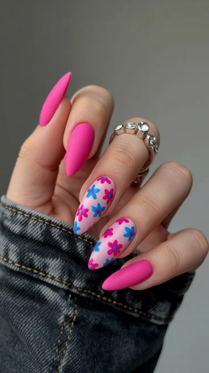 Stylish Spring Hot Pink Nails 2026 Matte Hot Pink Almond Nails With Retro Floral Pattern