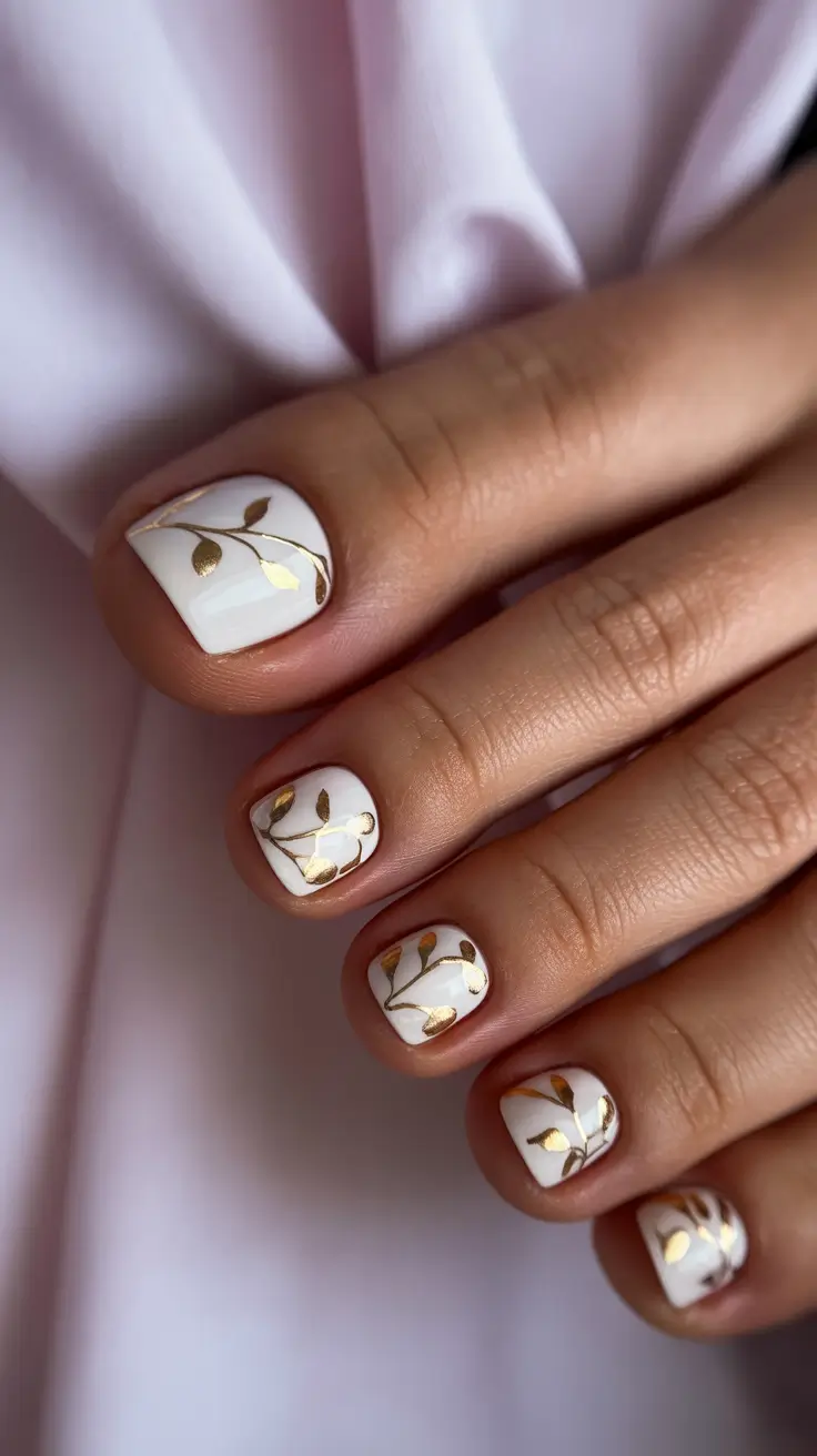 Stylish Spring Toe Nails For 2026 White and Gold Botanical Minimalism