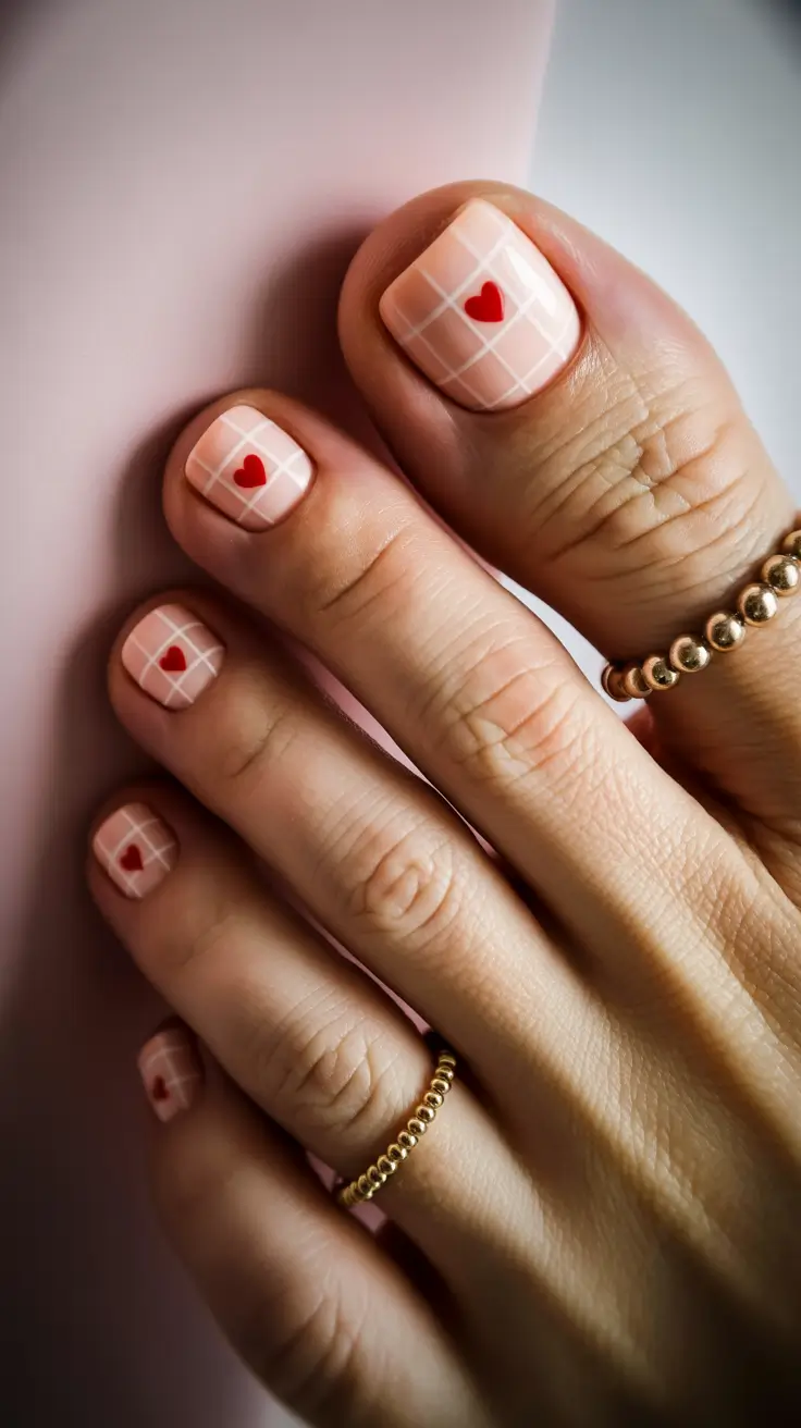 Stylish Spring Toe Nails For 2026 Soft Plaid Hearts for Romantic Spring Days