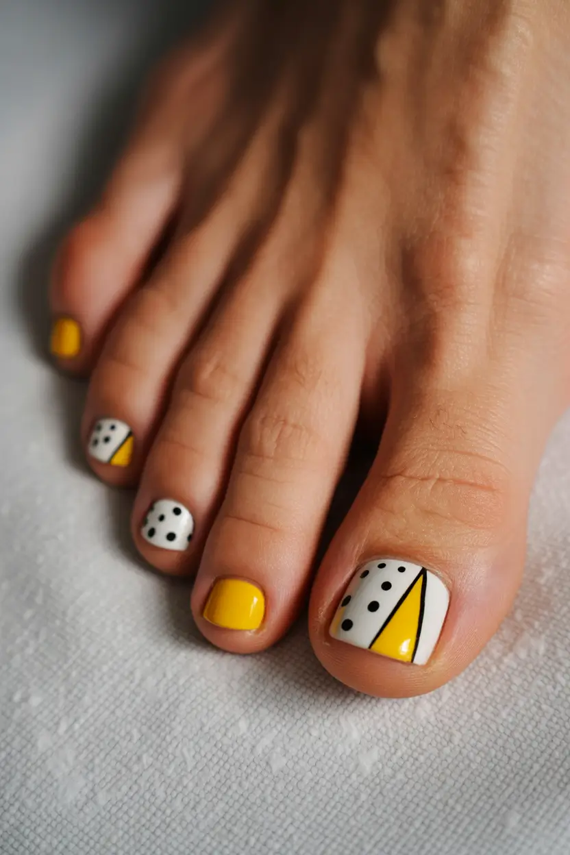 Stylish Spring Toe Nails For 2026 Graphic Yellow and Polka Dot Contrast