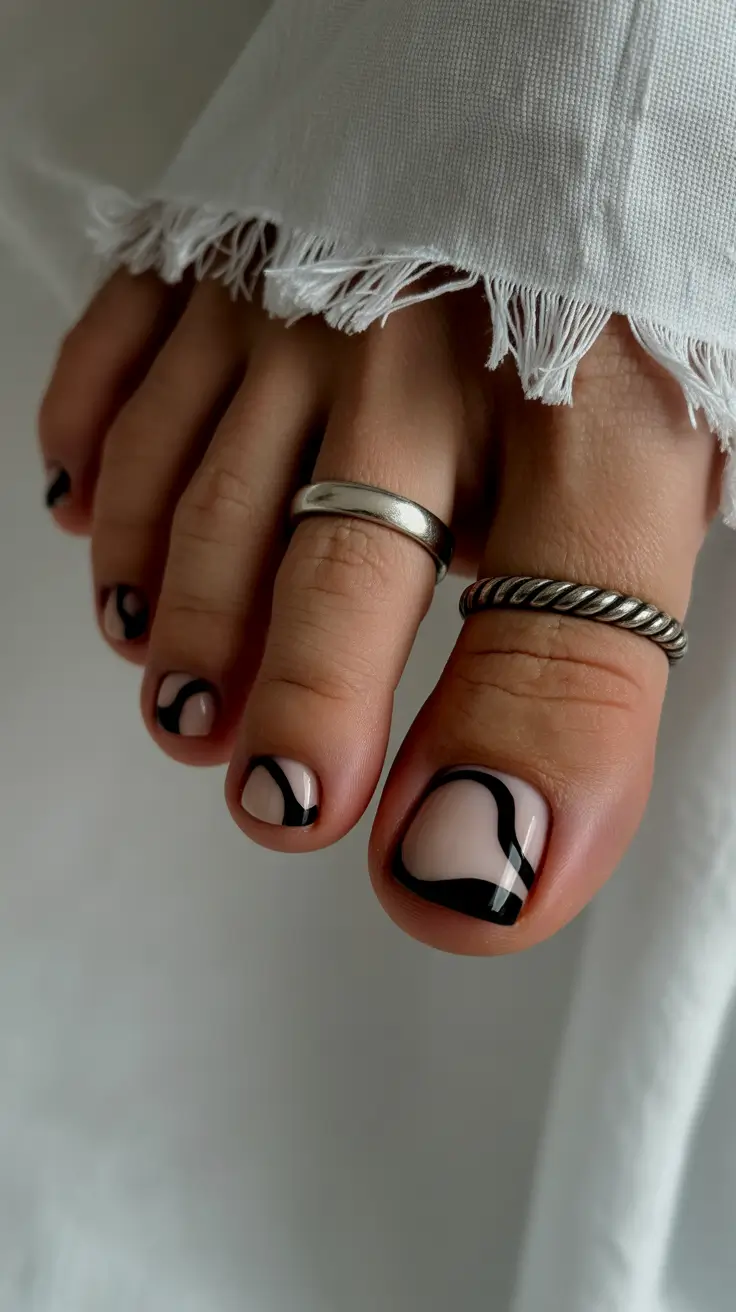 Stylish Spring Toe Nails For 2026 Modern Black Outline Minimalism