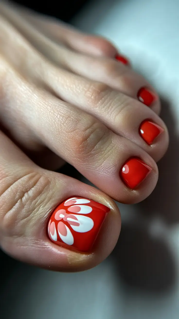 Stylish Spring Toe Nails For 2026 Bold Red Floral Accent