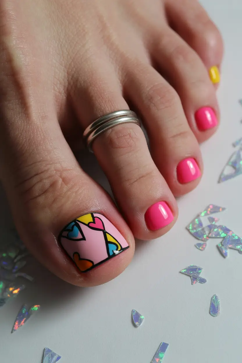 Stylish Spring Toe Nails For 2026 Pop Art Hearts and Playful Pink Mood