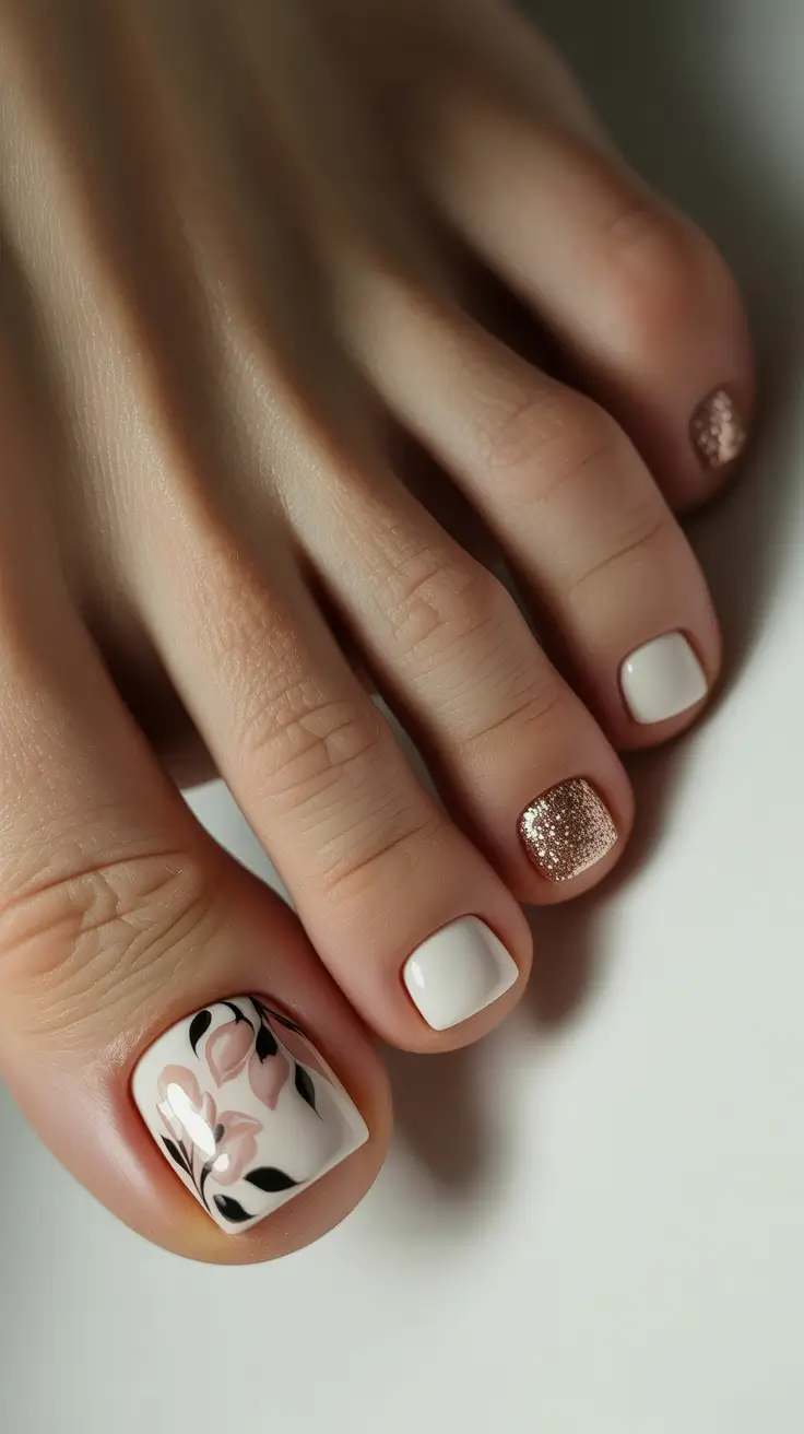 Stylish Spring Toe Nails For 2026 Soft Floral Neutral with Golden Accent