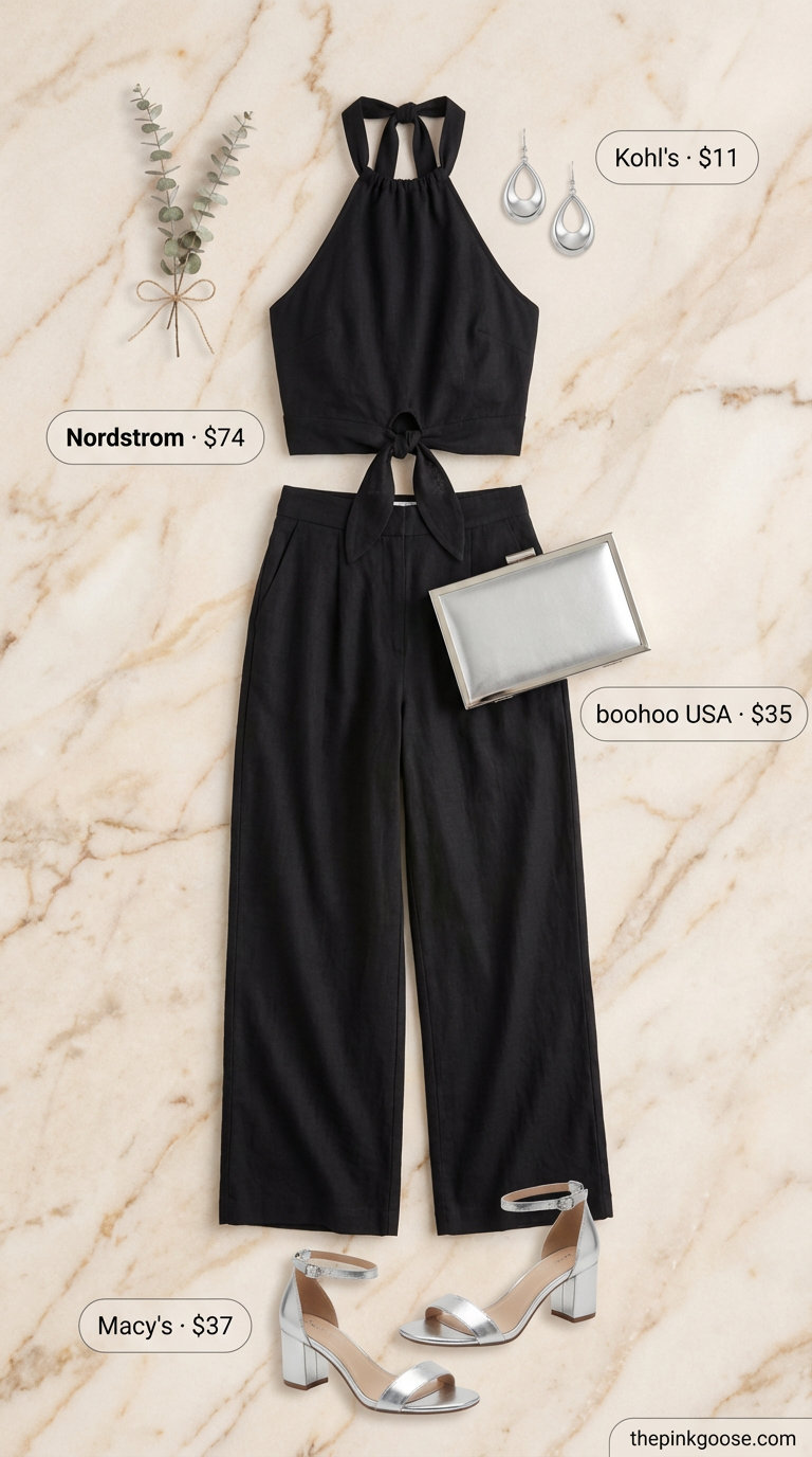 A chic black crepe knit wide-leg pants and tunic set with silver accessories, a sophisticated option for summer 2026 outfits for women over 50 dining out.