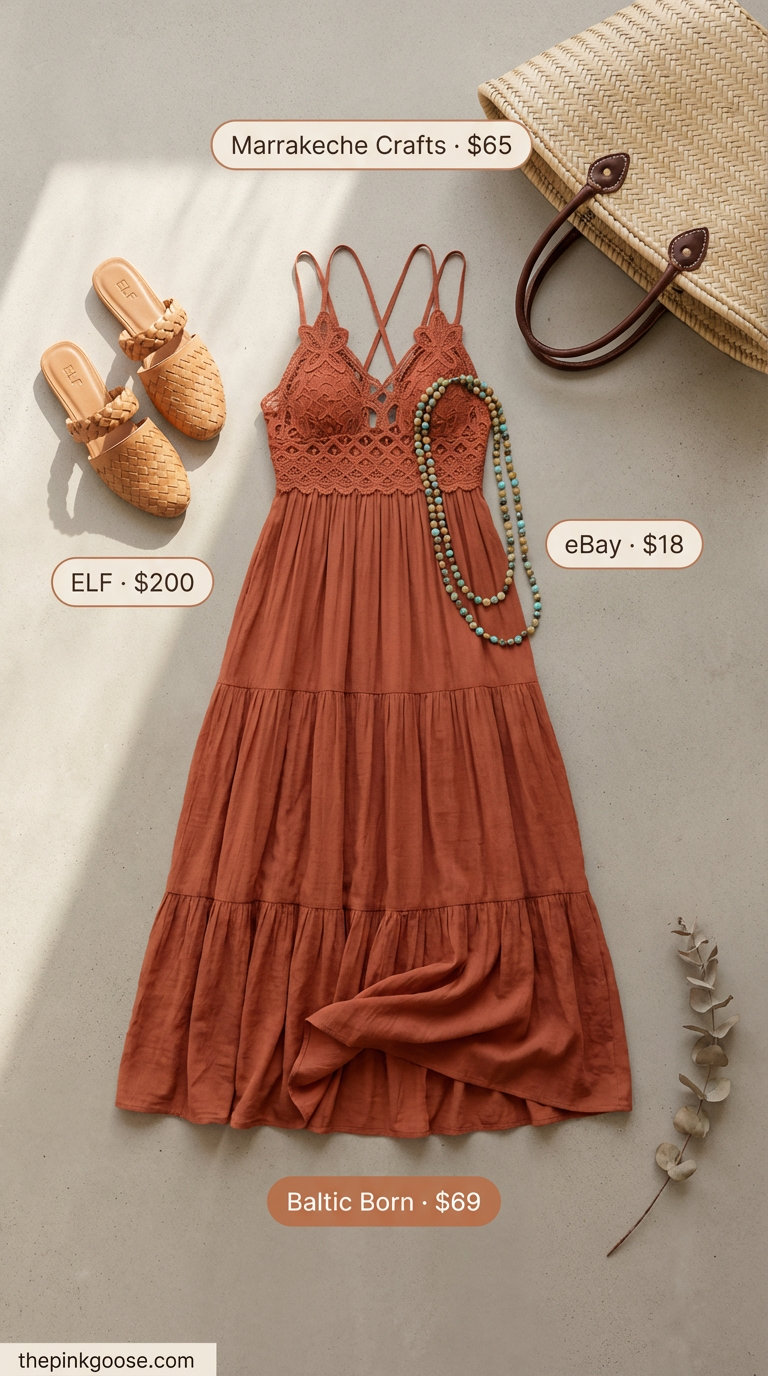 Boho chic Terracotta cotton gauze maxi dress with natural leather slide sandals and a large woven market tote, ideal for relaxed summer 2026 outfits for women over 50 at the beach.