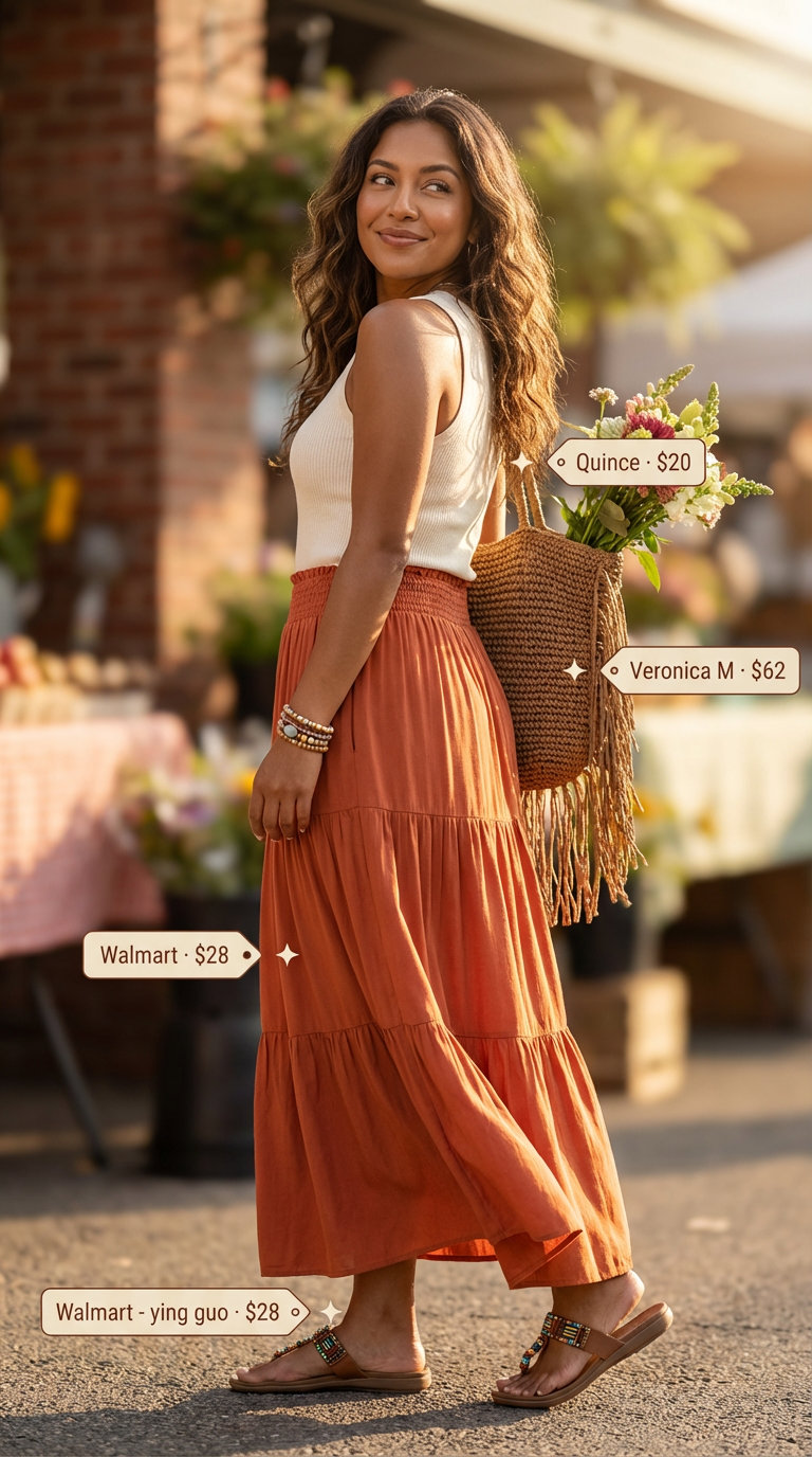 A relaxed Boho Brunch Vibe for summer 2026 outfits for women over 50, featuring a terracotta tiered maxi skirt, cream scoop neck tank top, and embellished flat sandals, perfect for weekend markets.