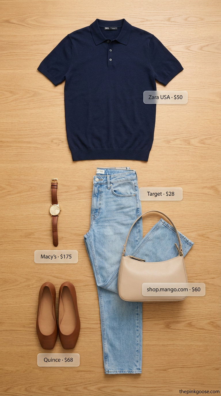 Relaxed light wash denim straight-leg jeans with a navy knit polo and tan ballet flats, a stylish choice for summer 2026 outfits for women over 50, ideal for brunch.