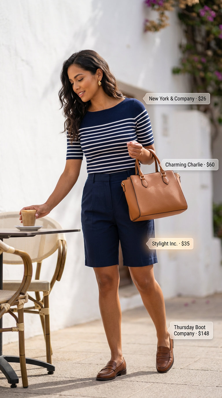 Classic navy Bermuda shorts with a striped top and tan loafers, creating chic summer 2026 outfits for women over 50, ideal for a casual lunch or shopping trip.