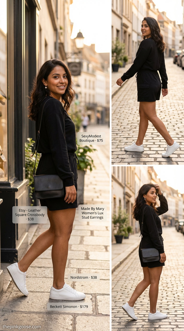 City break comfort: a black Tencel blend romper with a drawstring waist, white leather sneakers, and a black crossbody phone bag, representing practical summer 2026 outfits for women over 50.