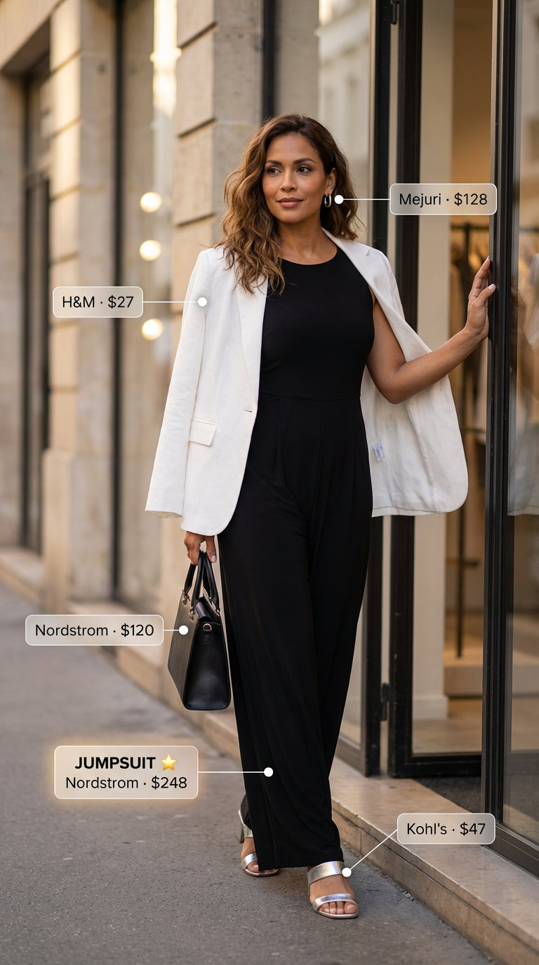 Modern black wide-leg jumpsuit with a white linen blazer and silver flat sandals, creating chic summer 2026 outfits for women over 50, perfect for a city stroll or dinner.