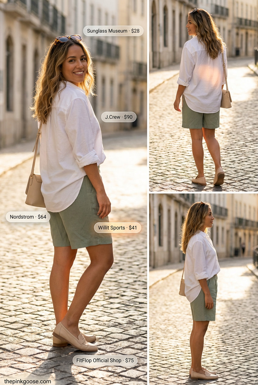 Cool & Collected summer 2026 outfit for women over 50: sage green linen blend tailored shorts, crisp white button-down, leather loafers, and a tan crossbody, ideal for a relaxed day out.