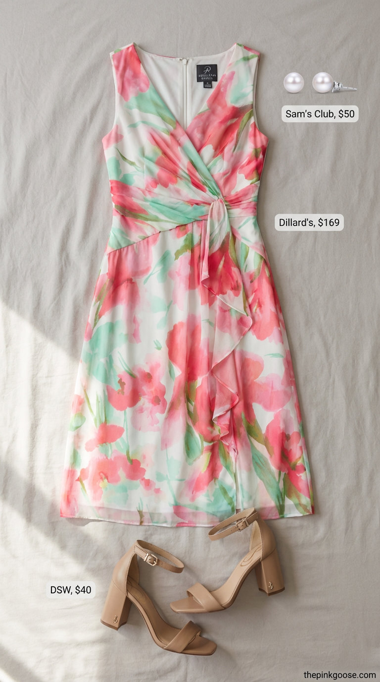 Joyful pink and green floral print midi dress, styled with nude block heel sandals and a straw clutch, representing elegant summer 2026 outfits for women over 50 for a garden party.