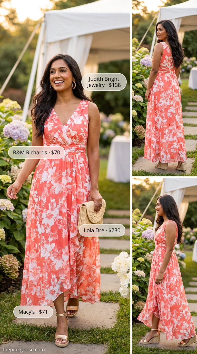 Elegant coral floral print maxi dress with low wedge sandals and a straw clutch, embodying graceful summer 2026 outfits for women over 50 for a garden party or outdoor wedding.